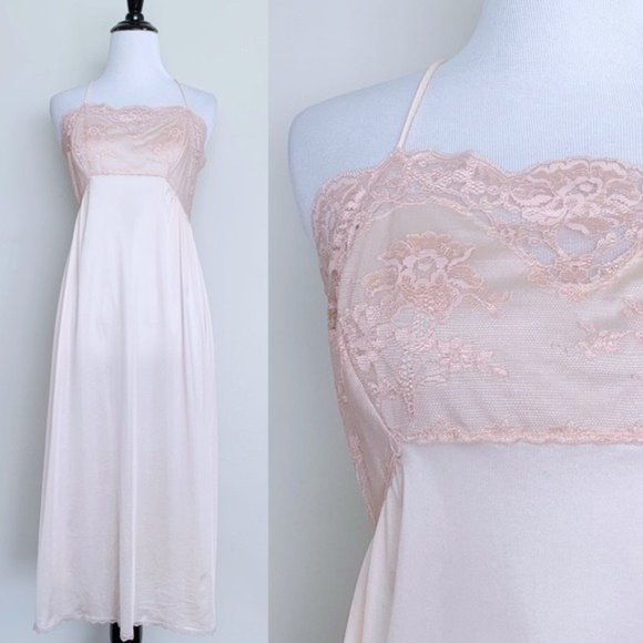 Vintage 70s Blush Pink Lace Nightgown Slip Low Back Cross Straps Midi Slip - Picture 1 of 12